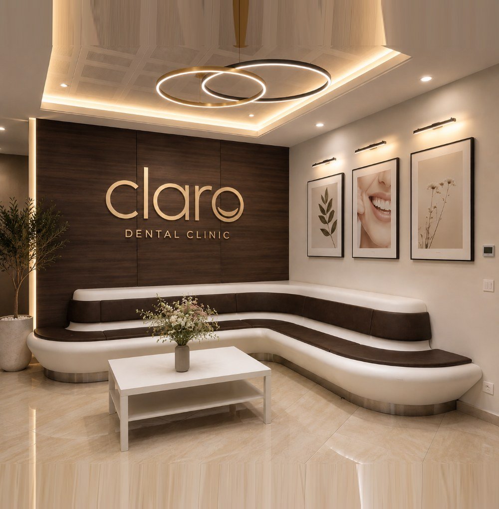 Claro Dental Clinic's spa-like reception lounge with its gold wall sign